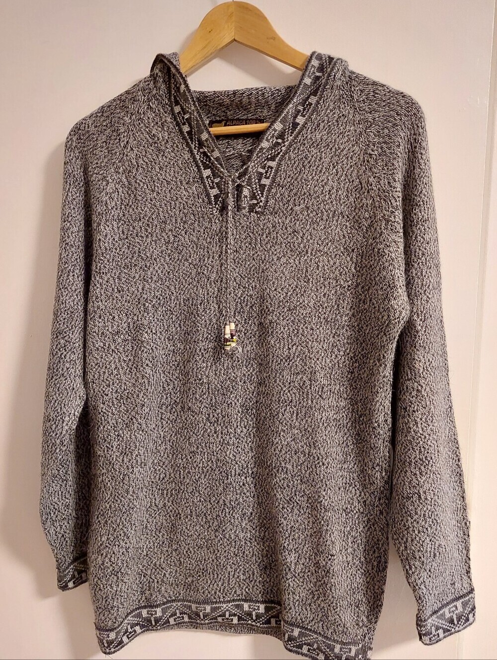 Cozy Gray Hooded Sweater with Patterned Trim